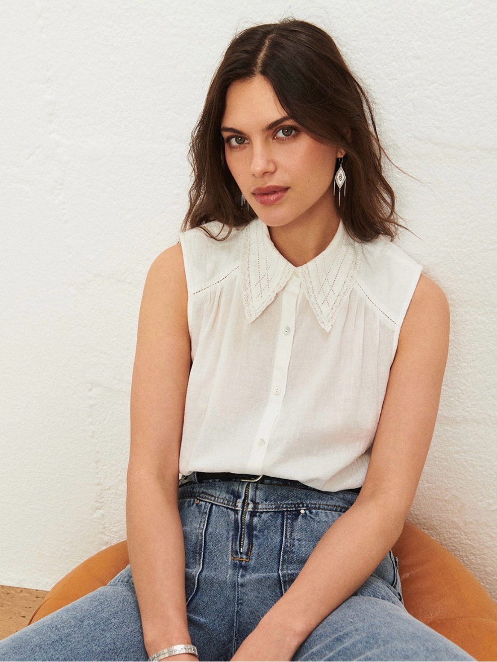 ba&sh White Sleeveless Button-Down Eyelet Collar Top